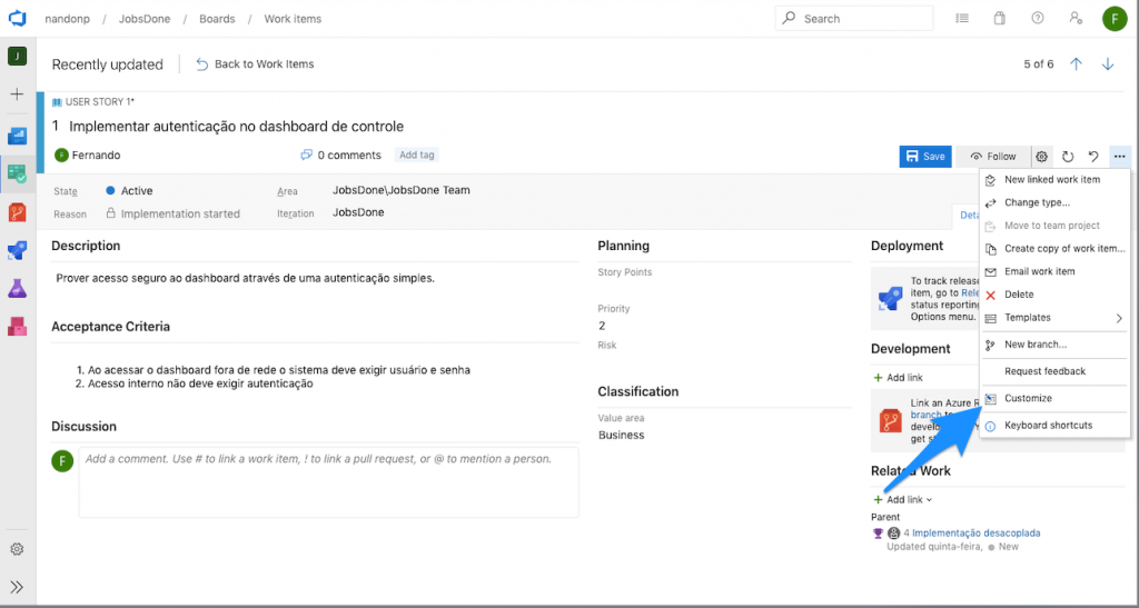Configurando campo no Azure devops